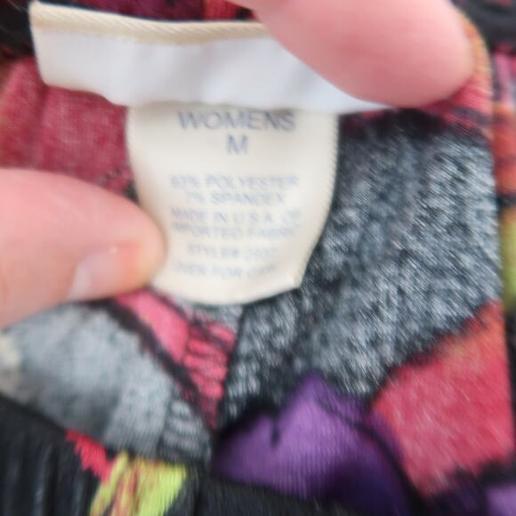 Vintage 90s TravelSmith Black and Purple Hibiscus Floral Slinky Wide Leg Pants M - Picture 5 of 5